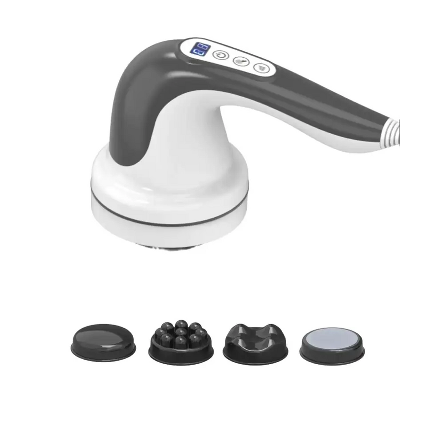 White and gray handheld massage device with interchangeable black attachments.