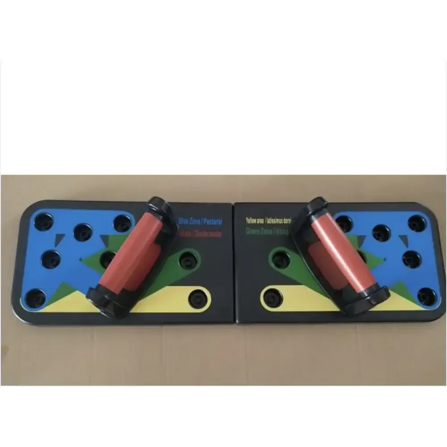 Black and colorful push-up pad with red handles.