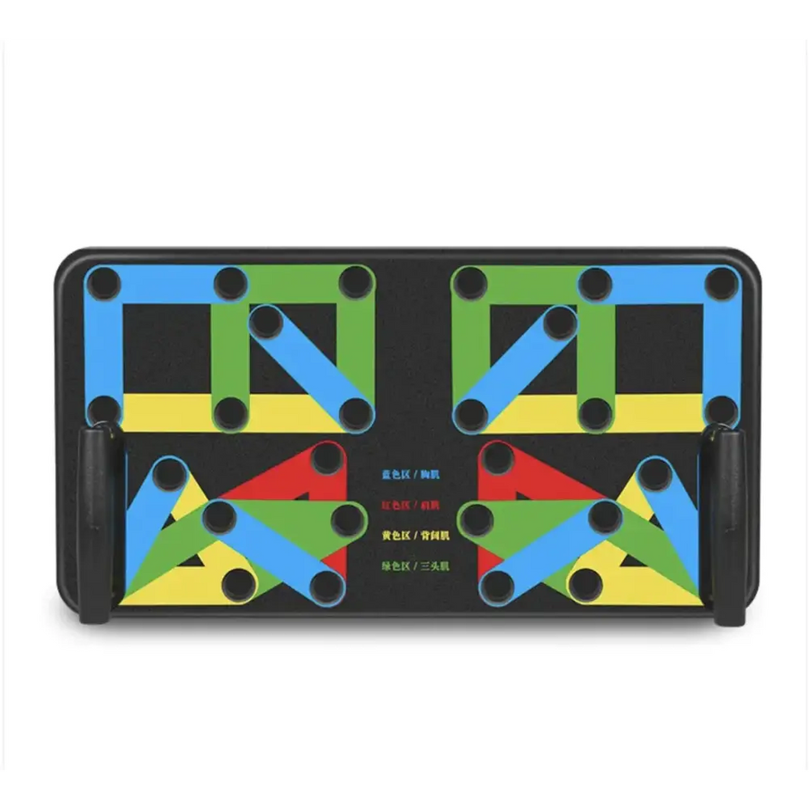 Black plastic exercise mat with colorful, interlocking resistance bands in blue, green, yellow, and red arranged for various workouts.
