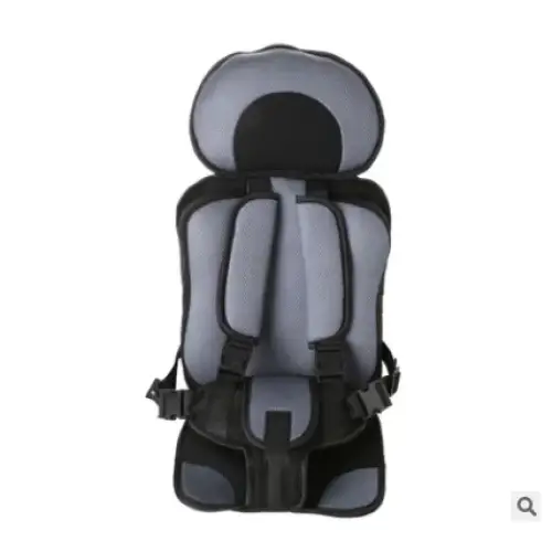 Gray and black mesh-backed child car seat with adjustable straps.