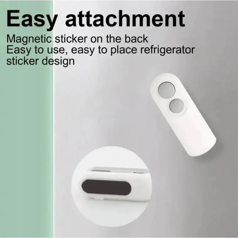 White magnetic refrigerator sticker with a sleek, minimalist design featuring two circular cutouts and an adhesive strip for easy attachment.