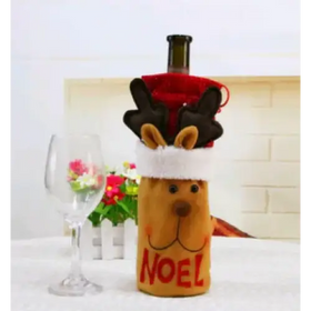 A festive orange reindeer-themed wine bottle cover with a red ’noel’ inscription and antlered hat.