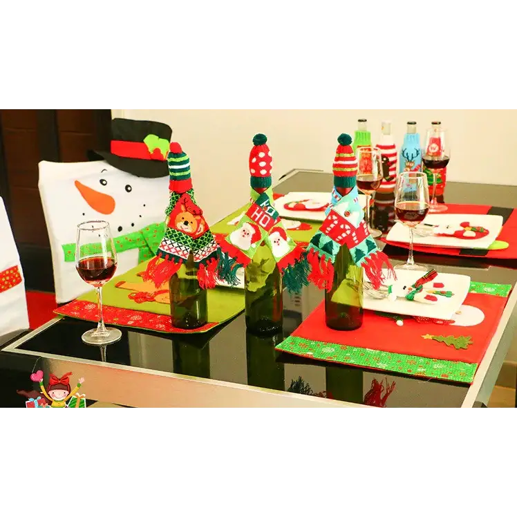 Christmas-themed knitted bottle covers in red, green, and white with festive patterns like snowmen and reindeer.