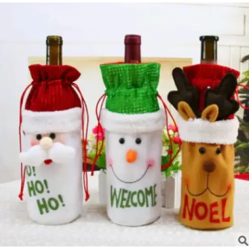 Three festive bottle covers featuring a santa, snowman, and reindeer design in red, green, and yellow with embroidered faces and text.