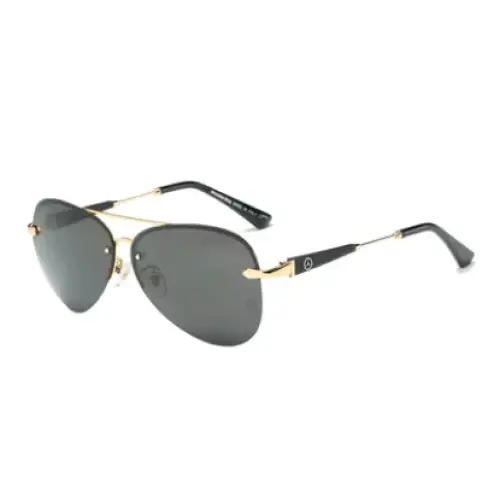Gold-rimmed aviator sunglasses with dark gray lenses and a sleek, minimalist design.