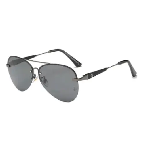 Aviator-style sunglasses with dark gray lenses and a sleek, metallic frame.