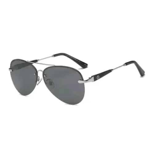 Silver-framed aviator sunglasses with dark gray lenses and black temple tips.