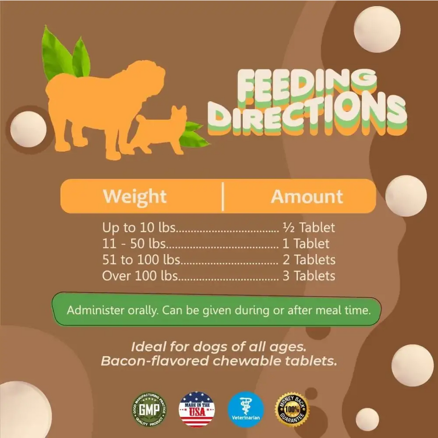 Bacon-flavored chewable tablets for dogs, presented in a brown illustrated feeding directions label with orange dog silhouettes and white spherical accents.