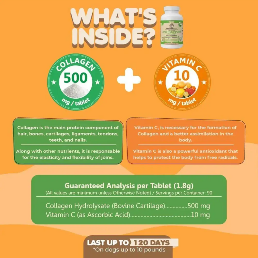 White plastic bottle with green and white label featuring ’collagen 500 mg/tablet’ and ’vitamin c 10 mg/tablet’ text.