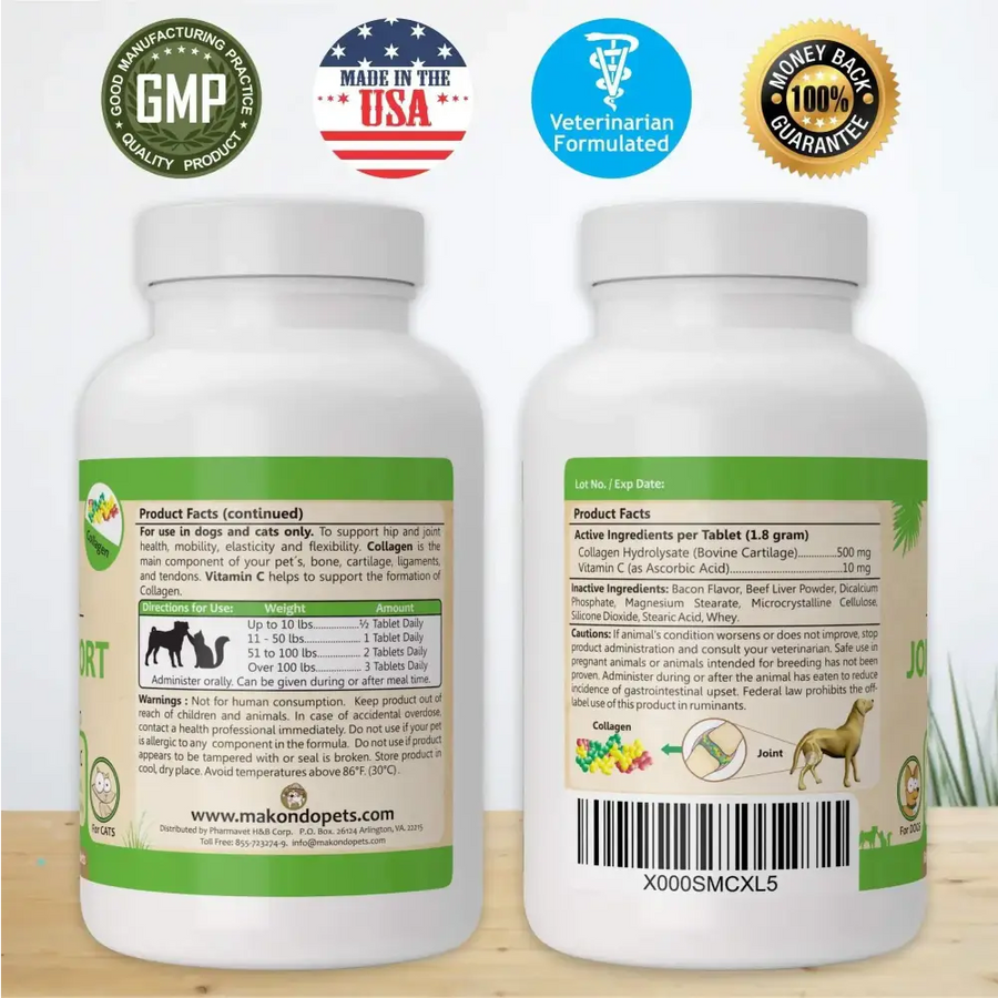 White plastic bottle with green and beige label, featuring a barcode and product information for pet joint health supplements.