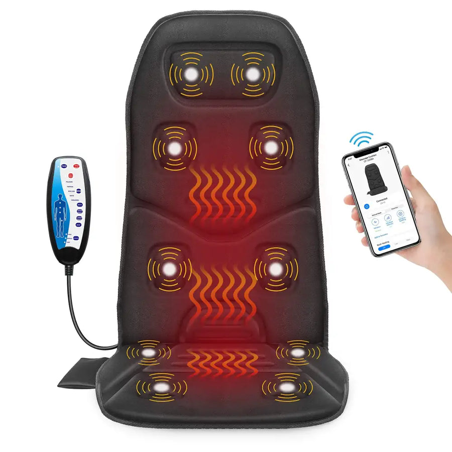 Black heated massage chair pad with multiple circular vibration zones and a remote control.