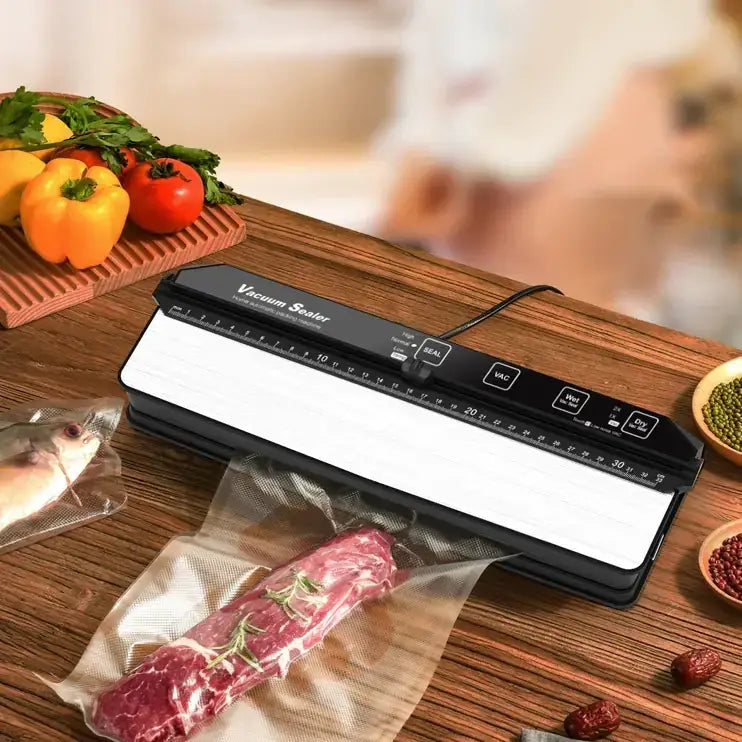 Black electric vacuum sealer with a white sealing chamber and labeled control buttons.