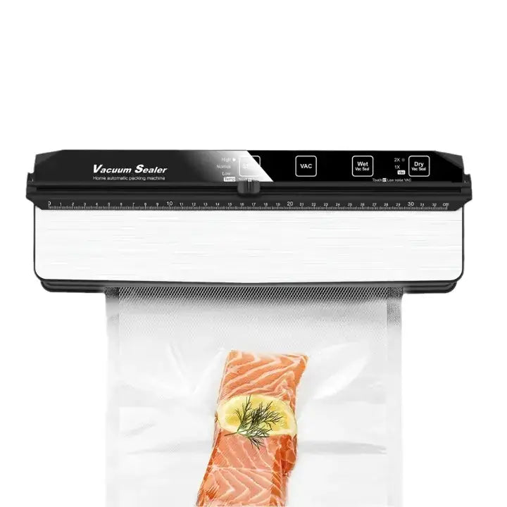 Black and silver home automatic vacuum sealer with a digital control panel, currently sealing a salmon fillet in a clear plastic bag.