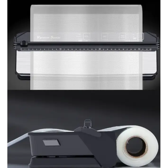 Black and silver vacuum sealer with a transparent sealing chamber and a roll of clear plastic film nearby.