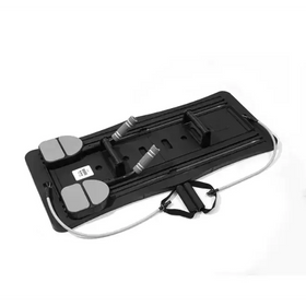 Black plastic exercise board with gray foot pedals and adjustable resistance handles.