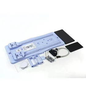 Light blue plastic resistance training mat with black grip pads and adjustable handles.