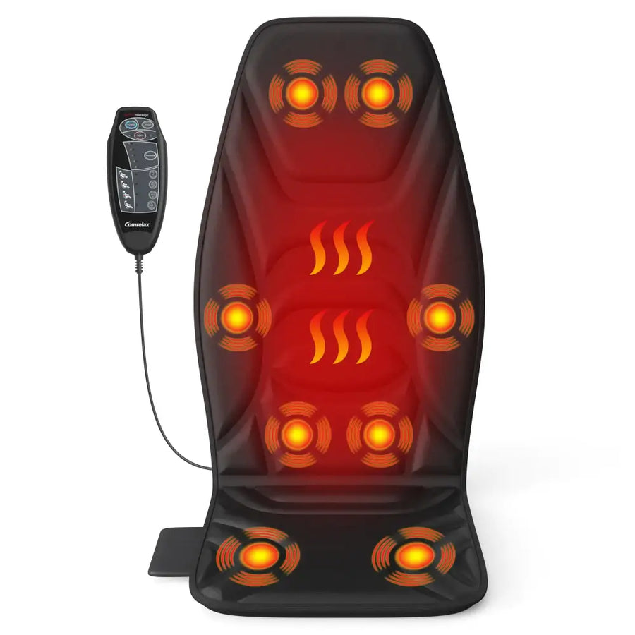 Black cirelax massage chair pad with glowing orange heating and vibration zones.