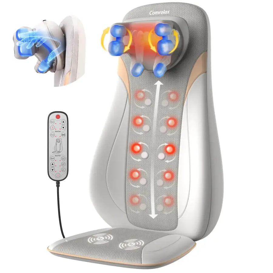 Gray and beige comrelax massage backrest with blue and yellow rotating rollers, red illuminated heat zones, and a remote control.
