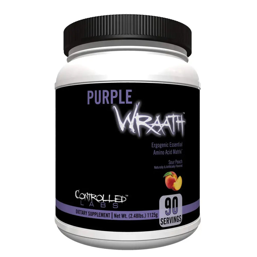 Purple wrath by controlled labs, a black and white container with a ribbed black lid.