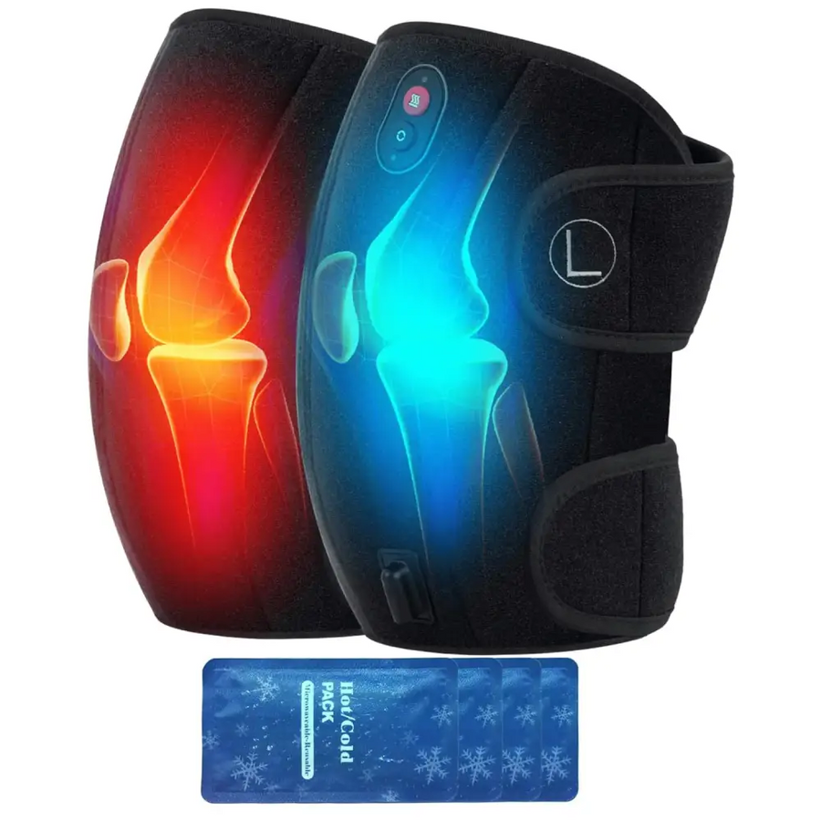 Black adjustable knee wrap with red and blue illuminated heat/cold therapy display, featuring a control panel and size indicator.