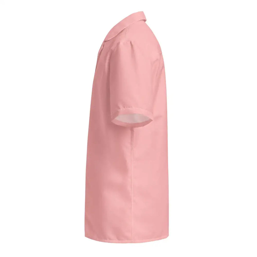 A pink short-sleeved button-up shirt with a classic collar and neatly folded cuffs.