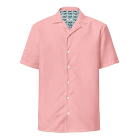 A soft pink short-sleeved button-up shirt with a classic collar and white buttons.