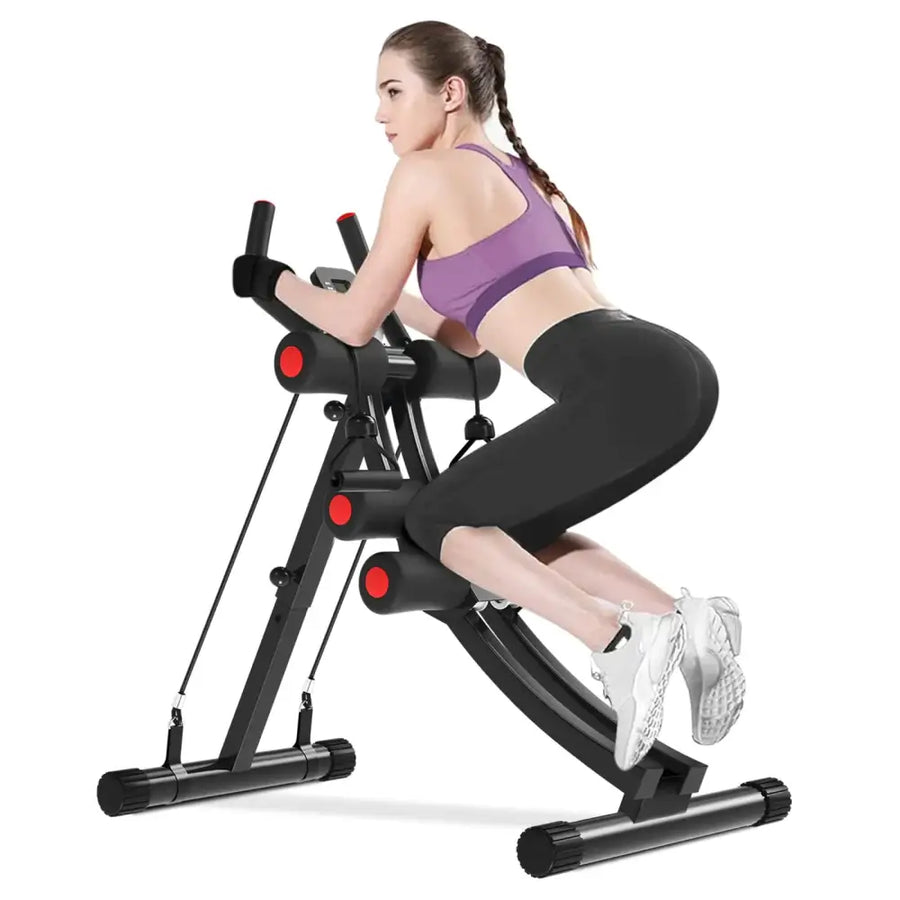 Black and red abdominal exercise machine with adjustable resistance bands