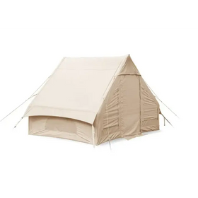 Beige canvas bell tent with a classic a-frame design and reinforced stitching.