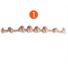 Beige braided rope dog toy with multiple knotted sections and frayed ends.