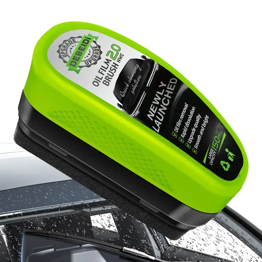 Bright lime green and black oil film brush with a textured grip, labeled ’debeidi 2.0’’ for quick car surface cleaning.