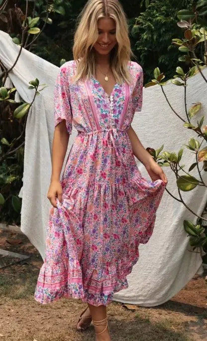 Pink Floral V-Neck Long Dress for Women - Joomcy