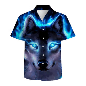 Lce Blue Wolf Mens Funny Hawaiian Shirts 3D Graphic Button Down Short Sleeve Tropical Holiday Beach Aloha Shirt