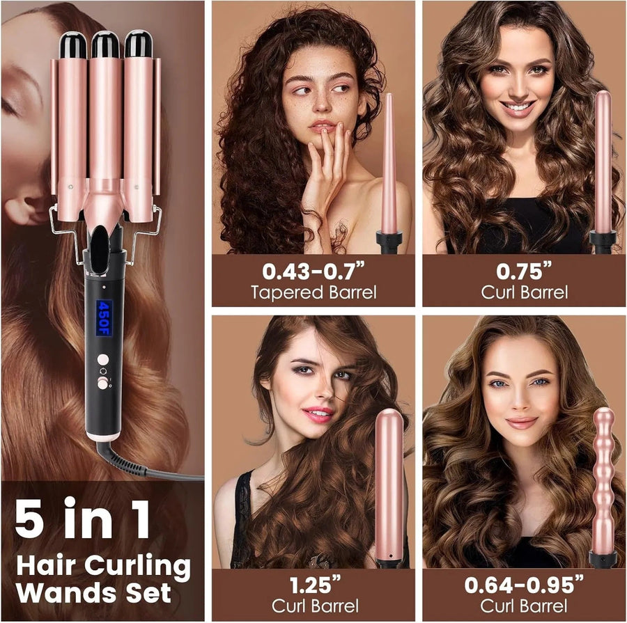 5 In 1 Curling Wand Set With LED Display Temperature, Curling Iron Set With 5 Interchangeable Ceramic Curling Wands - Black