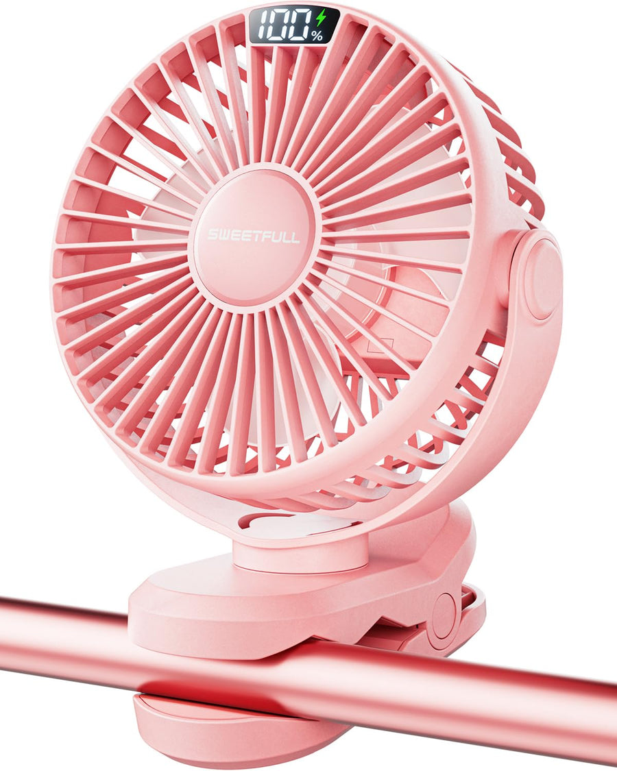 SWEETFULL Portable Clip on Fan - Battery Operated Stroller Fan 4000mAh Small Rechargeable Fan with LED Display 4 Speeds Mini Personal Cooling Desk Fan for Golf Cart Travel Camping Gym (Pink)