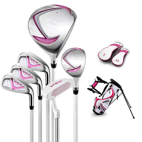 PGM Junior Golf Club Complete Set Includes Driver Hybrid 7 9 Wedge Irons Putter Stand Bag Right Handed for Children Kids 9-12 6 Pieces Youth Golf Clubs with 2 Headcovers for Boys & Girls