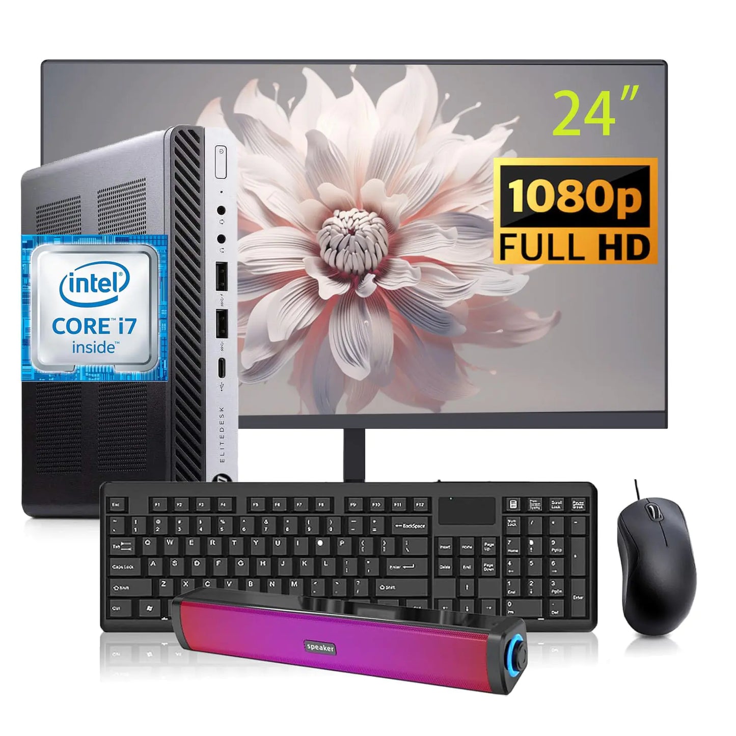 HP Elitedesk 800 G3 Mini PC Desktop with 24" FHD Computer MonitorRGB Speaker Core i7-6700 3.4GHz 16GB RAM 512GB SSD Keyboard Mouse DP Cable Win 10 Pro (Renewed) - Joomcy