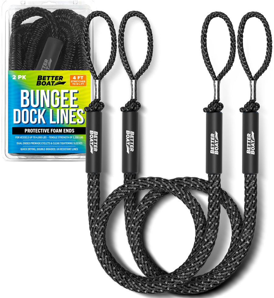 2-Pack Black Bungee Dock Lines Marine Grade Boat Rope Jet Ski or PWC Mooring Ties Boating Accessories for Boats