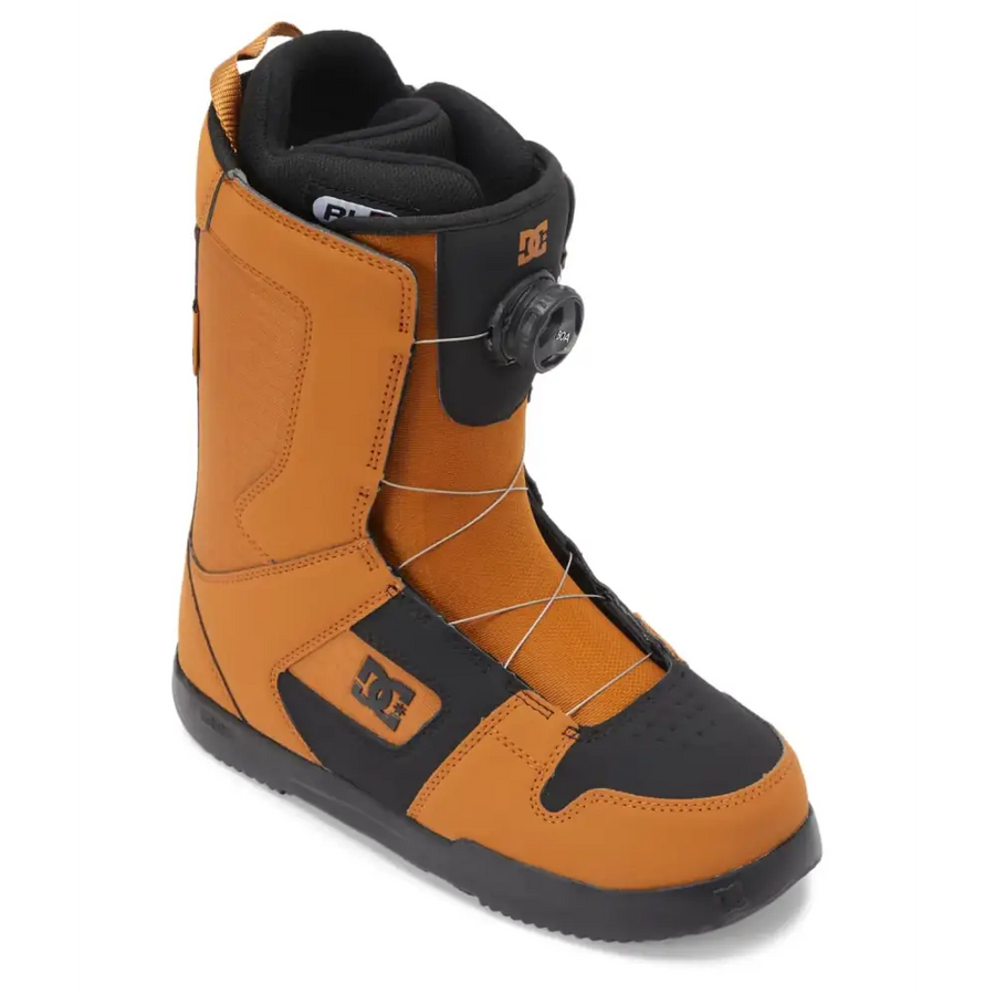 Orange and black dc snowboard boot with a boa dial closure system.