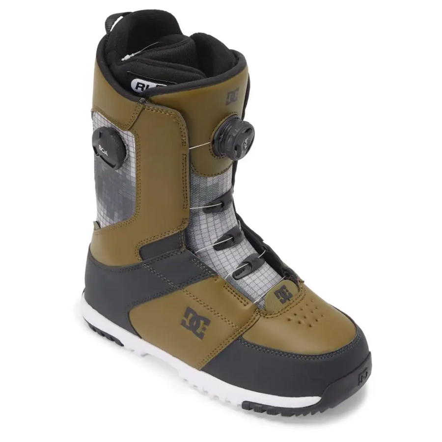 Olive green and black dc snowboard boot with a boa dial system, mesh panels, and white rubber sole.
