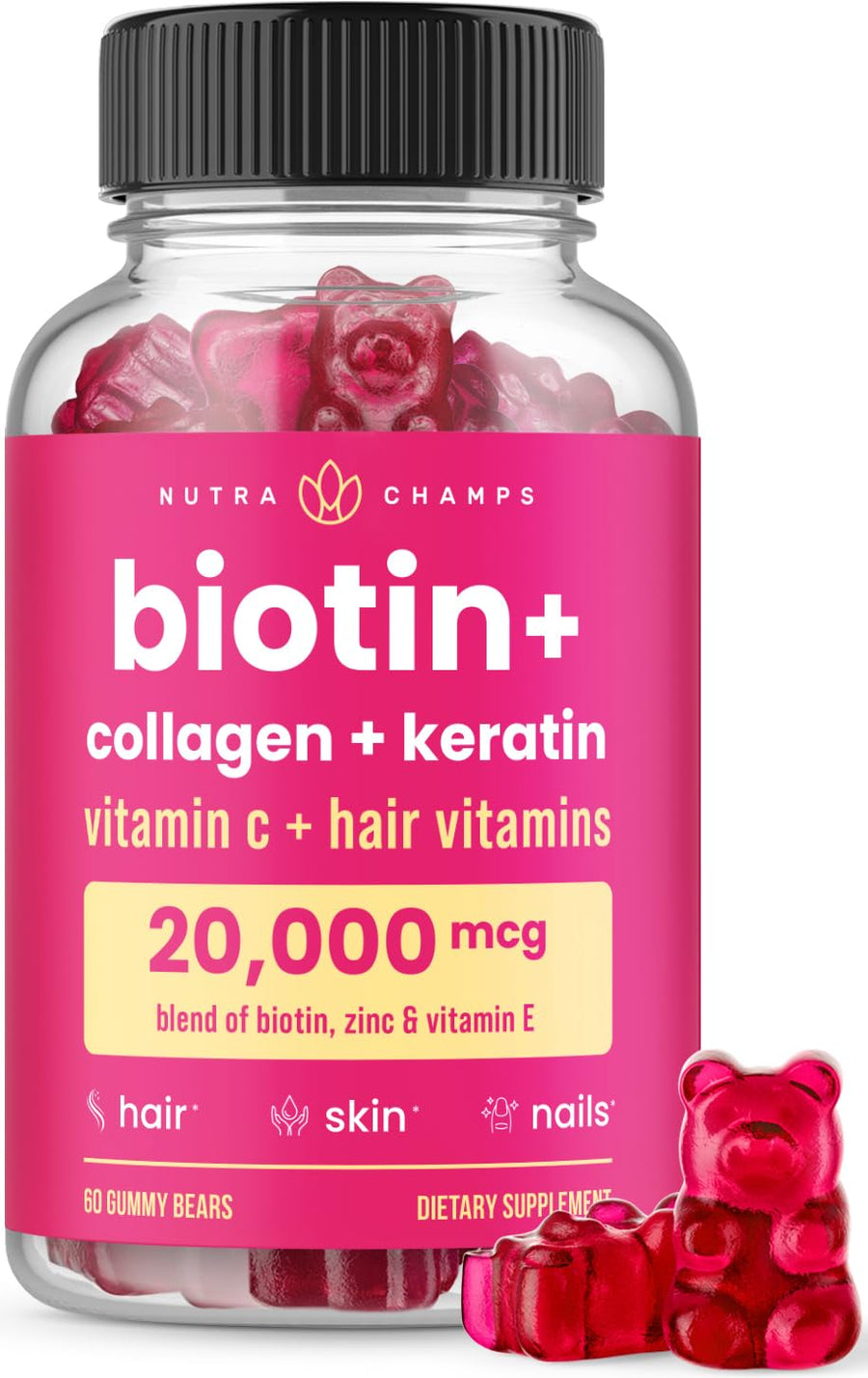 NutraChamps Hair Skin & Nails Gummies | Biotin with Collagen & Keratin | 5000mcg Biotin Beauty Complex | Vitamin Supplement for Women & Men | Berry | Healthy Hair Radiant Skin & Strong Nails
