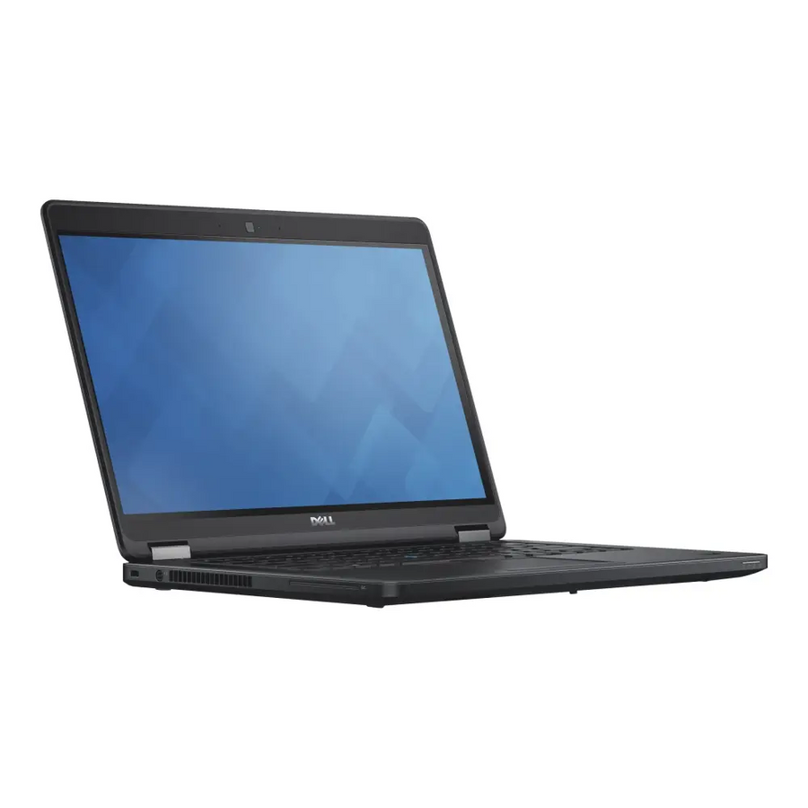 Black dell laptop with a sleek, professional design and a blue screen displaying abstract geometric patterns.