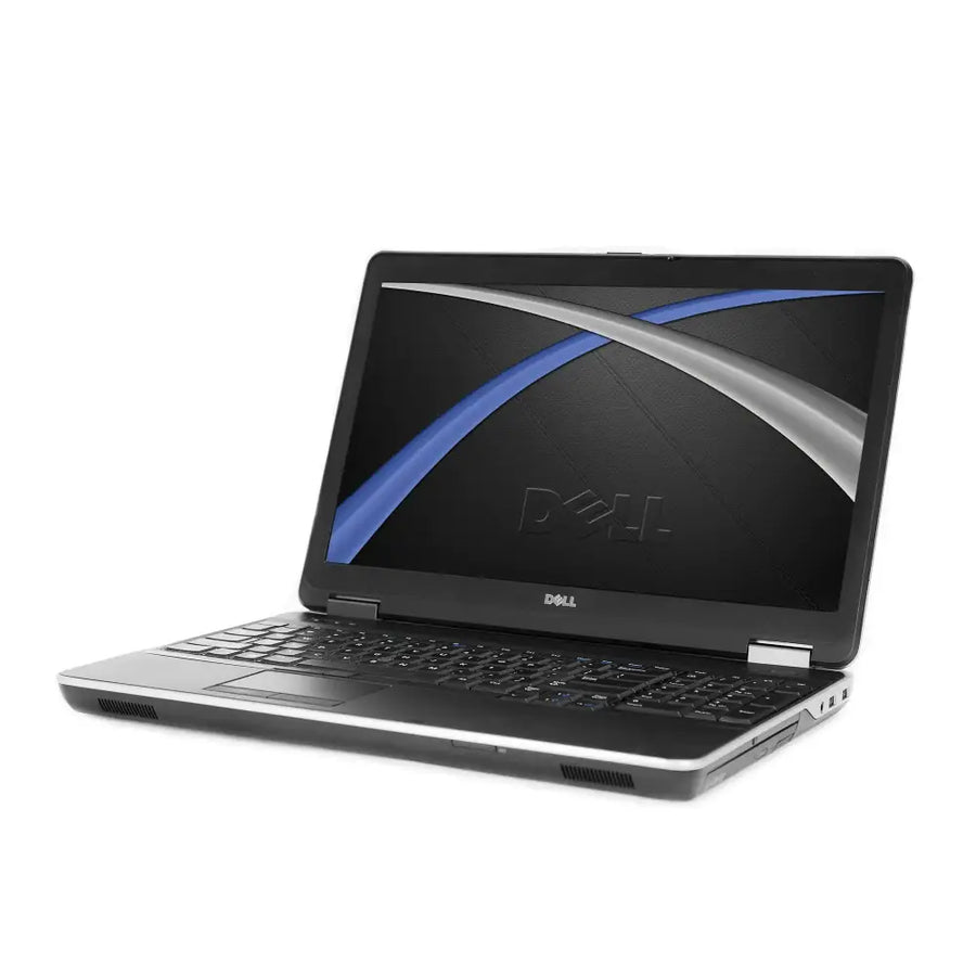 Black dell laptop with silver accents and a blue-and-silver abstract wallpaper on the screen.