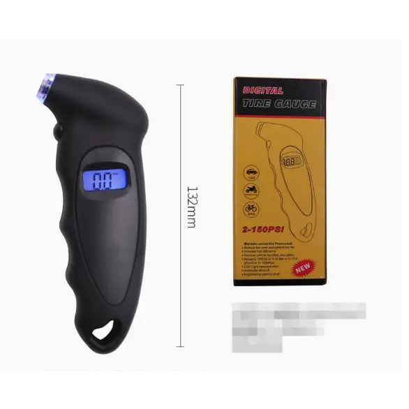 Black digital tire gauge with a blue lcd screen and ergonomic grip.