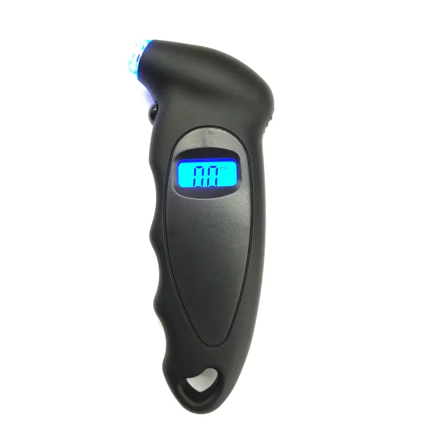 Black digital tire pressure gauge with a blue illuminated display and ergonomic grip.