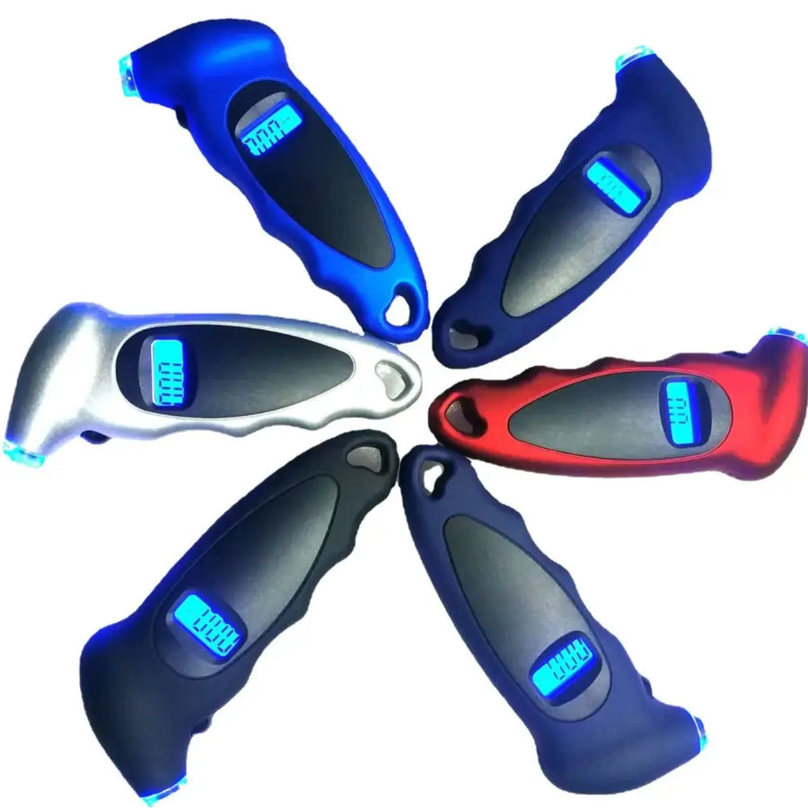 Five digital tire pressure gauges in blue, silver, red, and black with glowing blue displays.