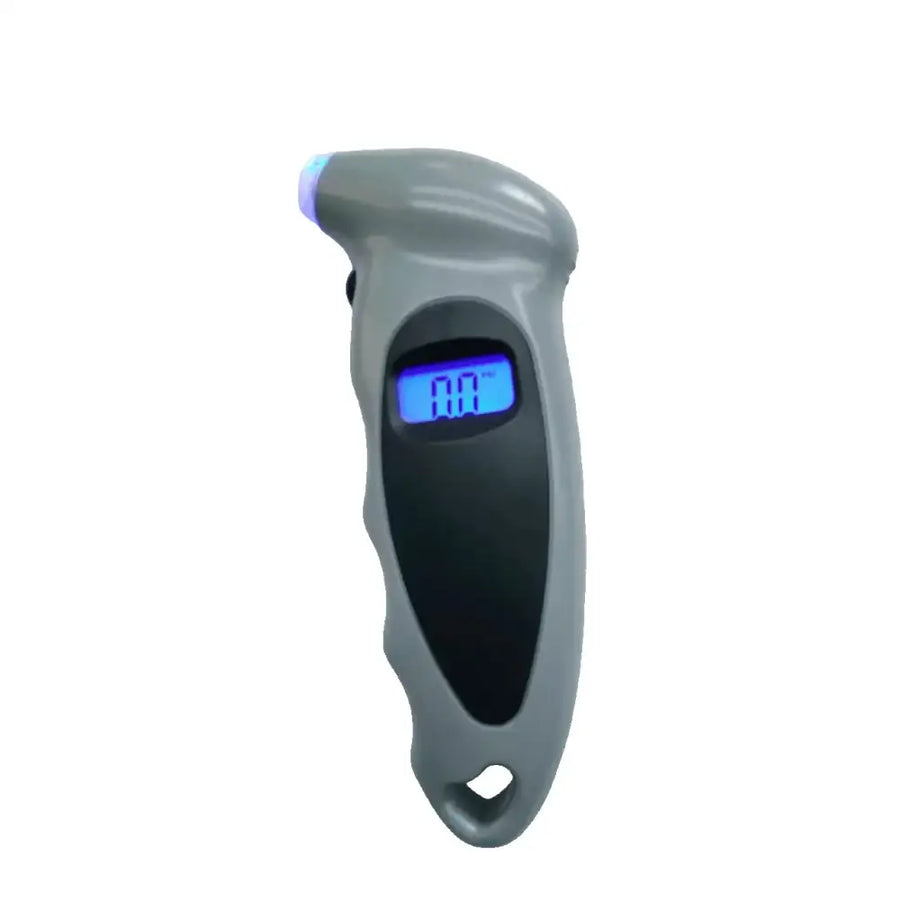 Gray digital tire pressure gauge with a blue illuminated display and a glowing purple tip.