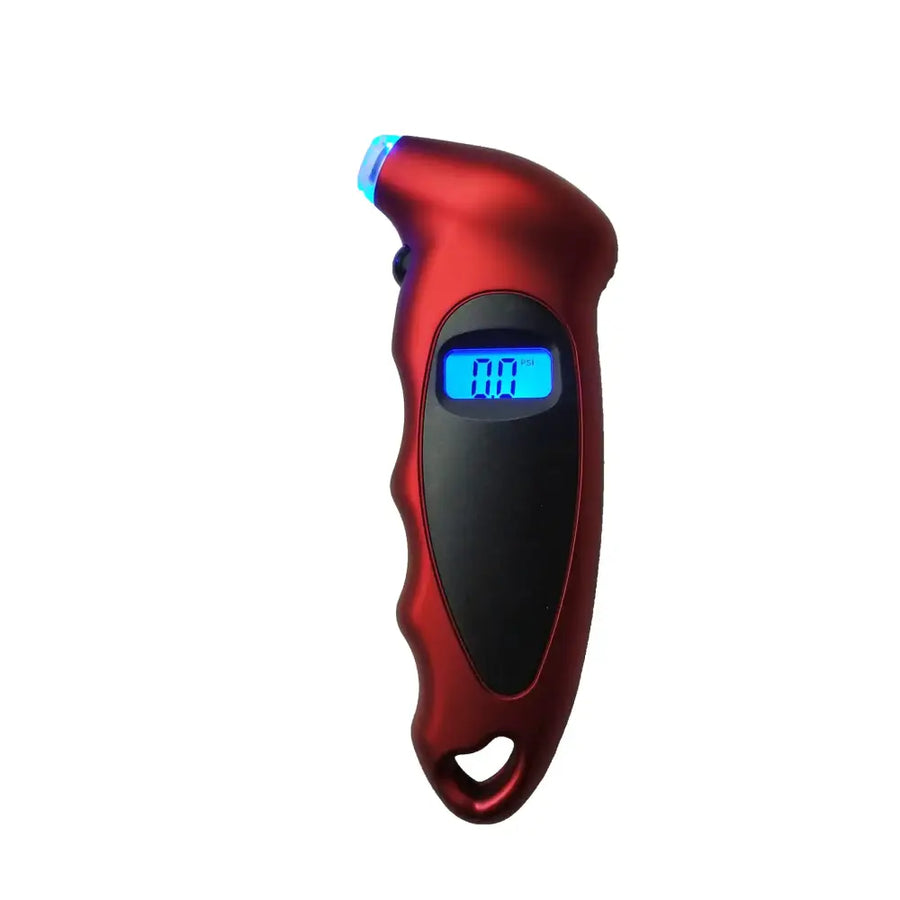 Red digital tire pressure gauge with a blue illuminated display and a textured grip.