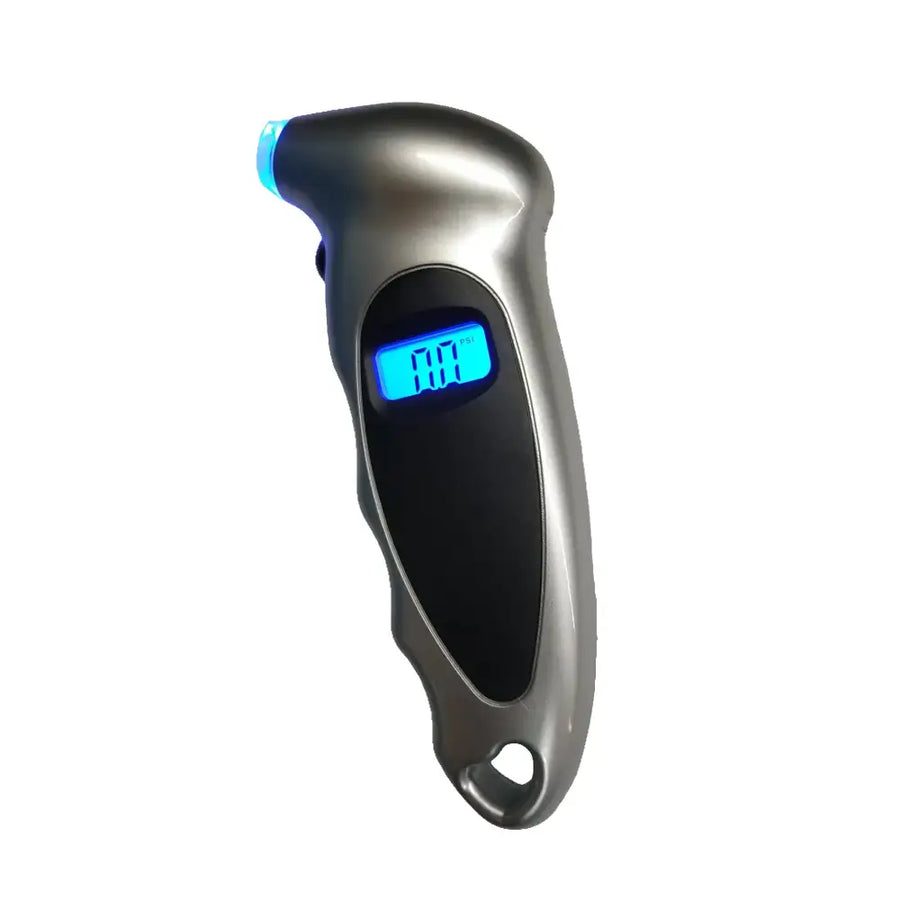 Silver digital tire pressure gauge with a blue illuminated display and a black accent panel.