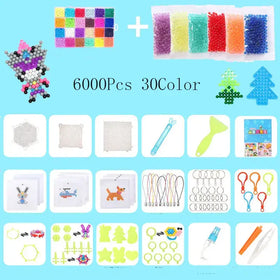 A colorful 6000-piece perler bead crafting kit featuring a vibrant array of 30 assorted colors, complete with molds, tools, and pre-designed patterns for creative projects.