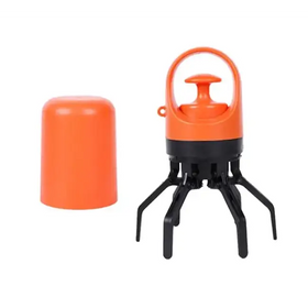 Orange and black plastic water pump with a handle, six articulated legs for mobility